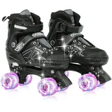 Inlineskates für Kinder, Mädchen, Jungen, Erwachsene, Rollschuhe für Mädchen, Quad mit 8 Rädern, Rollschuhe für Kinder, 4 Größen verstellbar, zweireihig (Schwarz, Leuchtrollen, M)