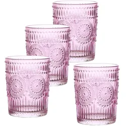 Trinkgläser Vintage mit Blumenmuster - Glas - 280ml - H: 10cm - Bohostil - lila - 4er Set