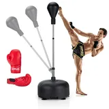 KOMFOTTEU Punchingball Boxsack auf Standfuß, höhenverstellbar 140-150 cm, Boxball auf gefülltem Boden, Boxhandschuhe, Boxset, Standboxsack für Erwachsene & Kinder (Schwarz)