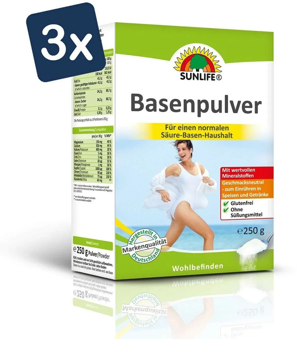 Sunlife Basenpulver Glutenfrei, ohne Süßungsmittel 250g 3er Pack