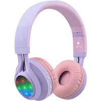 Riwbox WT-7S Kinder Kopfhörer Bluetooth mit LED-Beleuchtung, faltbar Stereo-Kopfhörer mit Mikrofon und Lautstärkeregler für PC/Fernseher/Tablette (Violett/Rosa)