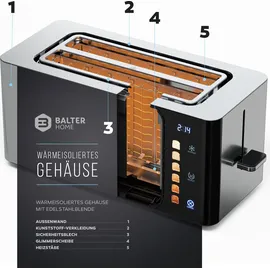 Balter Toaster 4 Scheiben, Langschlitz, Edelstahl, Brötchenaufsatz, LCD Display, Auftaufunktion, Brotzentrierung, Krümelschublade TS-44 Silber
