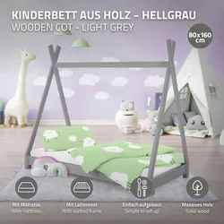 Kinderbett Tipi+Matratze Kinderhaus Bettgestell Bettenhaus Holz Hellgrau 80x160