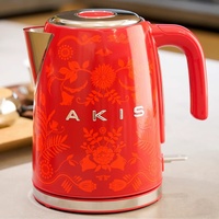 AKIS La Fête Design wasserkocher aus Edelstahl 1,7L, 2400W, elektrischer Wasserkocher mit Kalkfilter retro wasserkocher Rot mit Blumenmuster im Barock Stil Vintage