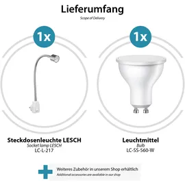 ledscom.de Steckdosenlampe LESCH Leselampe Schwanenhals, Schalter, Chrom inkl. GU10 LED Lampe 6,74W 630lm 100° weiß