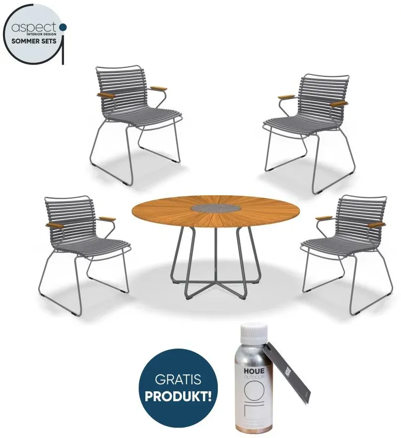 Houe Set aus CIRCLE Dining Table Ø150 und 4x CLICK Dining Chair mit Bambusarmlehen Dark Grey