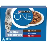 PURINA ONE Sterilisierte Katze in Sauce, Verschiedene Aromen, Sardinen, Ente und Rindfleisch | Mahlzeitenbeutel für ausgewachsene Katzen, 85 g, 8 Stück