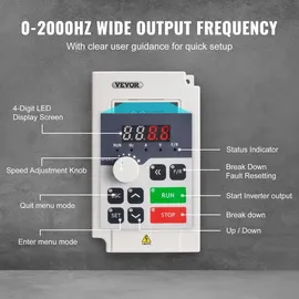 Vevor Frequenzumrichter VFD 3 PS, 2,2 kW, 5 A, 3-Phasen-Wechselstrom, 380 V Eingang auf 3-Phasen-Wechselstrom, 0 – 380 V Ausgang, Frequenzumwandler, 50/60 Hz Eingang, 0 – 2000 Hz Ausgang