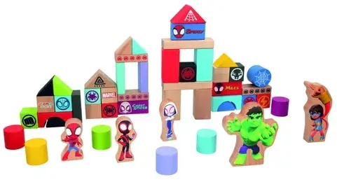 John 48755 Spidey & Friends 50-teiliges Set mit Holzbausteinen und Holzfiguren