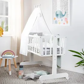 roba Babywiege Miffy® 40 x 90 cm aus Holz - Stubenwagen & Wiege - Bett Set komplett mit Feststellfunktion & textiler Ausstattung - Weiß/Grau