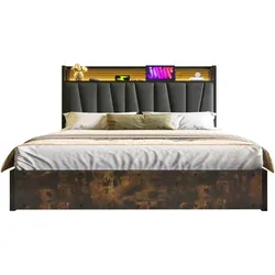 Merax Polsterbett Metallbett LED App-Control Doppelbett mit aufladen USB und LED-Beleuchtung, Metallbett 160x200cm, Holz