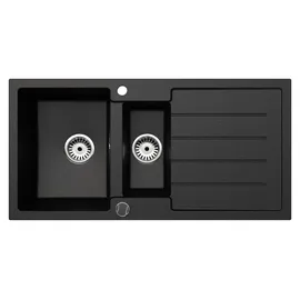 faizee home Granitspüle 100 x 50 mm links Einbauspülbecken schwarz + Handbetätigung