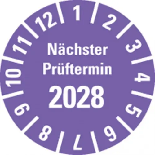 Dreifke® Prüfplakette Nächster Prüftermin 2028, violett, Polyesterfolie, Spez.Ø20mm, 36 Stk.