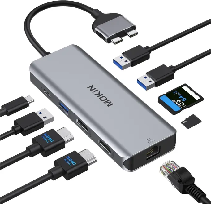 Mokin Dockingstation 2x USB-C-auf-2x HDMI + 2x USB 3.0 + USB 2.0 + RJ-45 + SD/TF-Kartenslot + PD-Port
