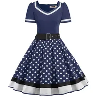 AXOE Damen 50er Jahre Kleider Rockabilly Petticoat mit Gürtel Marineblau Weiß Gepunktet, Gr.34, XS - XS