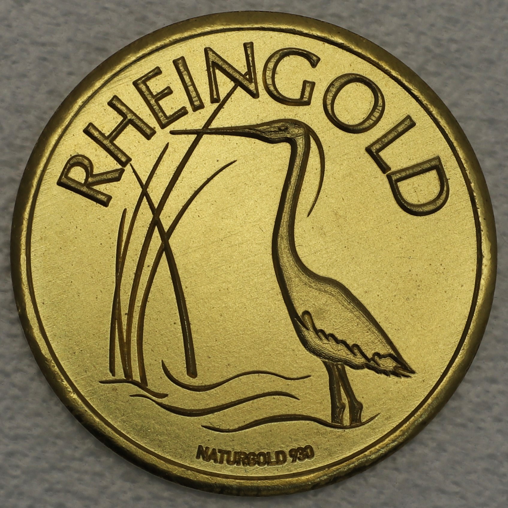 Flussgold-Medaille Reiher am Fluss Rheingold mit gravierbarer Rückseite