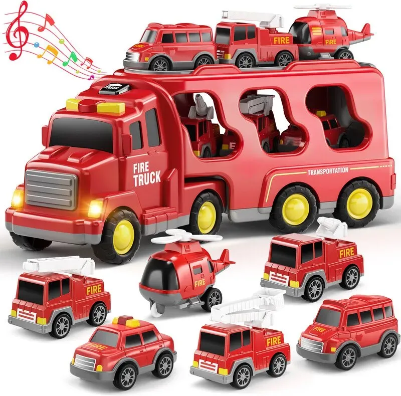 Feuerwehrfahrzeuge Spielzeug für Jungen Kleinkinder 3-5 Jahre – Feuerwehrfahrzeug-Spielzeug für Kinder 3 4 5 6 7, Transportfahrzeug-Transporter-Set, Geburtstagsgeschenke für Kinder und Mädchen im Alter von 4-6 Jahren
