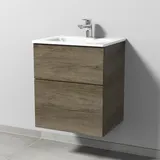 Glas-Waschtisch-Set mit Waschtischunterschrank „3way“ 50 × 40,7 × 58,2 cm in Eiche Nebraska, mit Hahnlochbohrung