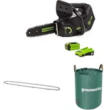 Greenworks Akku Kettensäge mit Akku und Ladegerät, bürstenlosem Motor, 25 cm Blattlänge, 40V 2Ah Akku + Greenworks 25cm Ersatzkette für Kettensäge + Greenworks 120l Gartenabfallsack