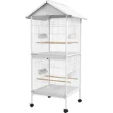 PawHut Vogelvoliere Käfig auf Rollen Designhaus Futtertröge Sitzstangen Türen Ablagen Kotwannen Metall Weiß   Aosom