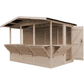 TIMBELA Marktbude Holz Gartenhaus, Holz, Verkaufsstand Holzhaus mit Theke, fünf fenster, H232x336x263 cm/6 m2, große multifunktionale Garten-Bar Verkaufshütte Verkaufsstände aus