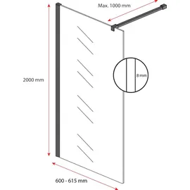 Badplaats Duschwand Florida 60 x 200cm Glas Duschabtrennung Chrom - Walk-In Dusche Nano Duschtrennwand