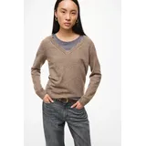 VILA V-Ausschnitt-Pullover VILA "VINIKOLINA V-NECK L/S KNIT TOP - NOOS", Damen, Gr. S, falcon detail:melange, Strick, Obermaterial: 97% Polyester, 3% Elasthan, meliert, regular fit hüftlang, V-Ausschnitt, Rippbündchen, Pullover