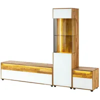 MASSIVMOEBEL24.DE Wohnwand Wildeiche 230x38x168 natur geölt / Glas weiß WIEN #146