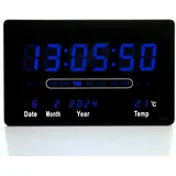 TruWare Just Camp Wanduhr Digital Groß LED Uhr mit Kalender Digitaluhr mit Temperaturanzeige und Wecker Studiouhr für Gewerbe Cafés Kiosk Hallenuhr L (Blau)