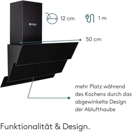 Wiggo Dunstabzugshaube 50cm kopffrei I Abluft Umluft Dunstabzug 300m3/h - LED Touch-Display 3 Stufen I Schräghaube inkl. Fettfilter & 2x Kohlefil... - schwarz
