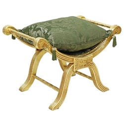 Casa Padrino Barock Kreuzhocker mit Kissen Gold / Grün - Handgefertigter Sitzhocker im Barockstil - Antik Stil Hocker - Barock Möbel - Wohnzimmer Möbel im Barockstil - Antik Stil Möbel