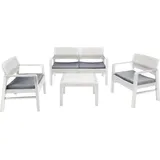 Dmora Outdoor-Lounge-Set Dauter, Gartengarnitur mit 2 Sesseln, 1 Sofa und 1 Couchtisch, Sitzecke in Rattan-Optik mit Kissen, 100 % Made in Italy, Weiß - Weiß