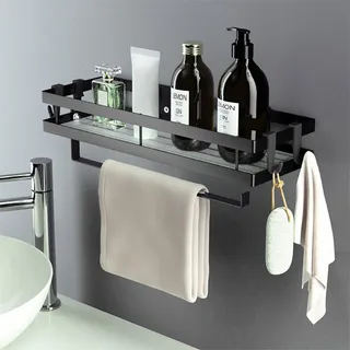 Oungy Gewürzregal Wand mit Küchenrollenhalter und 4 Haken 35cm Gewürzregal Ohne Bohren Küchenrollenhalter Schwarz Küchen Organizer Küchenregal Hängend für Küche, Bad, Kommode und Mehr