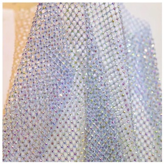 SHTGOI Strass Mesh Stoff 100x120cm Dehnbar Strass-Netz mit AB Farbe Strasssteinen Schneidbarer Netzstoff zum Schuhkappe Kleidung Strassbesetztes Netz Himmelblau