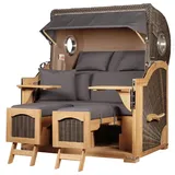 Mr. Deko bene living Strandkorb Komplettset Ammersee Grande XL Teak PE grau Modell 551 inkl. Liftersystem Schutzhülle Doppelrollen Glasbecherhalter