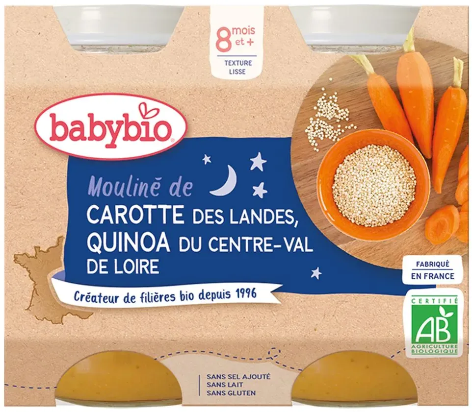 Babybio MOULINÉ DE CAROTTE DES LANDES & QUINOA DU CENTRE-VAL DE LOIRE dès 8 mois 400 g Aliment
