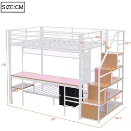 stilvora Hochbett mit Schreibtisch 140 x 200 cm Metall weiß
