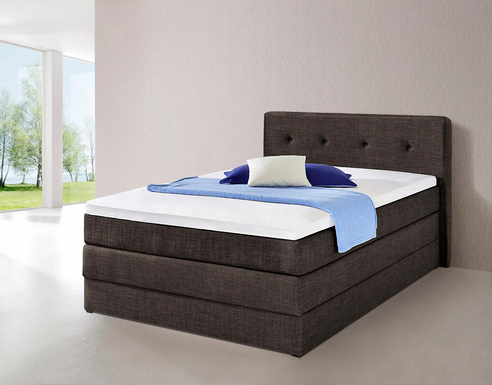 Boxspringbett HAPO, braun, Liegefläche B/L: 140cm x 200cm, kein Härtegrad, 7-Zonen-Kaltschaummatratze, Kopfteil, seitliche Unterbox und Obermatratze sind mit pflegeleichtem Feinstrukturstoff in Leinenoptik (100% Polyester) bezogen;Die Oberseite der Unterfederung und die Ober- und Unterseite der Obermatratze sind jeweils mit einem rutschhemmenden Stoff aus 100% Polyester bespannt., Komplettbetten, Boxspringbett, mit Bettkasten