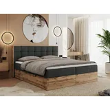 MKS MEBLE Boxspringbett 180x200 mit Bettkasten Eiche, Polsterbett 180x200 mit Matratze H4, Bett 180x200 mit Kopfteil, Eiche Wotan - 180x200 - Dunke... - Grau