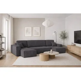 kaiser möbel Kaiser Möbel, Ecksofa mit schlaffunktion, mit Bettkasten, Schlafsofa Best, Designer U-Form Sofa, Modern Design Couch, Polsterecke, Freistehend -Dicker Cord, Grau