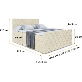 altdecor Boxspringbett mit Matratze Topper, Polsterbett mit Bettkasten LEPARO-Z KING | Beige Monolith | 140x200