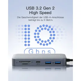 Inateck 10 in 1 USB C Hub, 4K 60Hz HDMI Docking Station, USB C Video+Data, 100W PD, 10Gbps 2 USB 3.2 C, 2 USB 3.0 A, RJ45 Ethernet, SD/TF, 50cm Kable, Für Windows 7/10/11, Linux, MacOS 10.2, HB2030