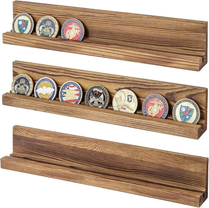 Wandmontierter Challenge Coin Display Halter und Münzsammlung Regal, Rustikale Dunkel Verbrannt Holz Schweberegale, Set aus 3