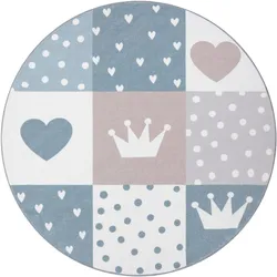 Kinderteppich PACO HOME "Eliz 391", beige, H:12mm Ø:120cm, Polyester, Teppiche, Kurzflor, Spielteppich, Patchwork-Muster, Motiv Krone, Herz & Punkte