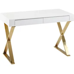 KADIMA DESIGN Hochglanz-Weißer Schreibtisch, Goldene Beine, Modern, 2 Schubladen