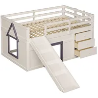 SOFTWEARY Hochbett mit Rutsche (140x200 cm, mit Lattenrost, Schubladen, Spielraum und Leiter) Kinderbett mit Rausfallschutz, Kiefer