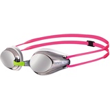 Arena Tracks Mirror Anti-Fog Wettkampf Schwimmbrille Kinder, Schwimmbrille mit UV-Schutz, 4 Austauschbaren Nasenstegen, Silikon Dichtungen, Silver-White-Fuchsia