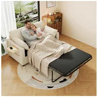 Merax Schlafsofa mit Schlaffunktion, Sofabett mit USB-Ladeanschluss, 134×82-223×84 cm 1 Teile, 2-Sitzer-Schlafsofa mit Klapptisch, 2 Kissen & Seitentaschen,Cordstoff beige