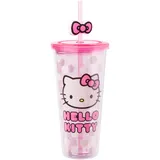 Silver Buffalo Sanrio Hello Kitty Schleife, rosa gepunktet, Kunststoffbecher mit Deckel und Strohhalm-Aufsatz, 680 ml
