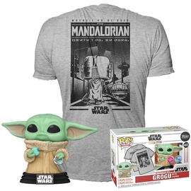 Funko Pop! & Tee: Mando - Grogu with Cookie (The Child, Baby Yoda) mit Cookie - Large - (L) - Star Wars The Mandalorian - T-Shirt - Kleidung mit Vinyl-Sammelfigur - Geschenkidee Für Erwachsene Männer
